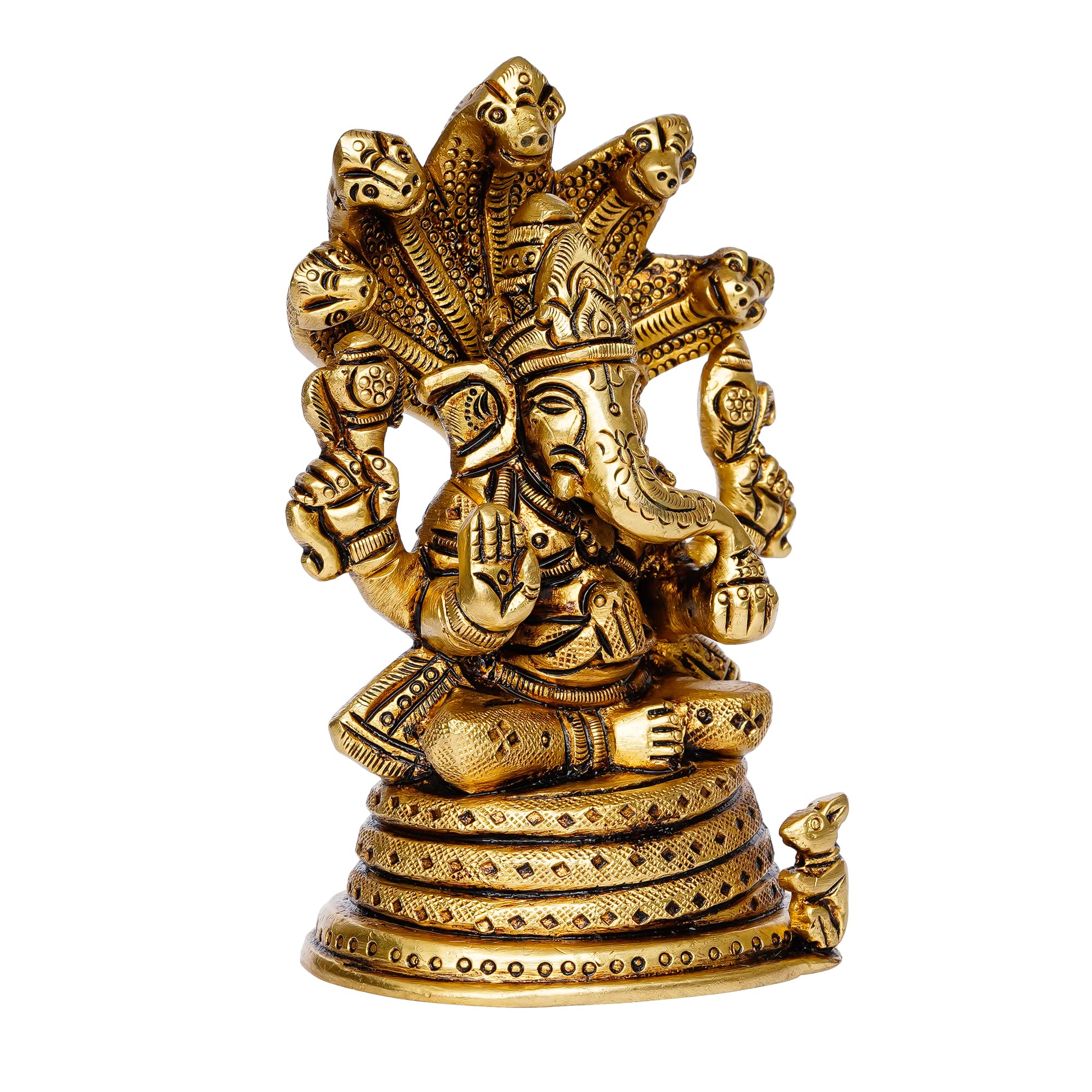 Ecraftindia Golden Brass Ganesha Idol With Naag Devta | Lord Ganesha Idol For Home Decor Office | Ganesha Statue | Ganesh Ganpat